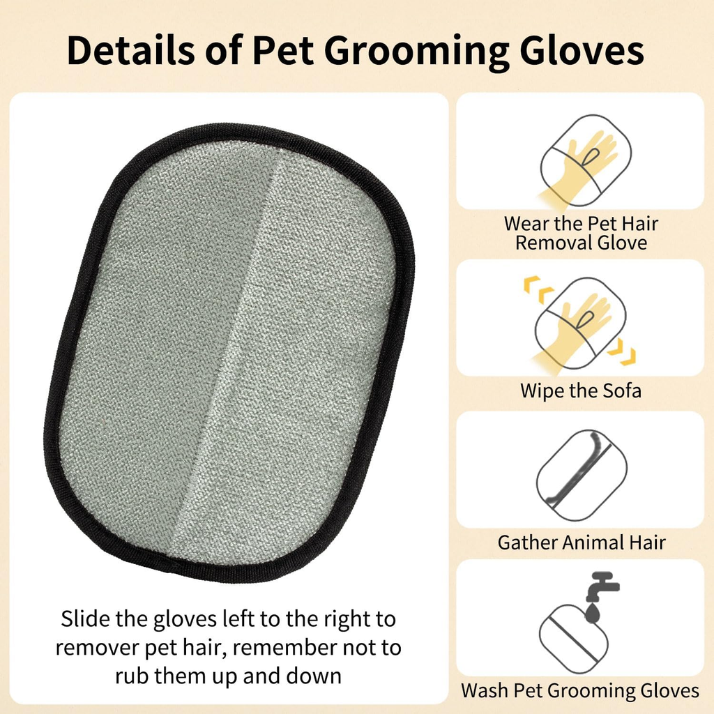 Details of JSquares pet grooming glove with usage