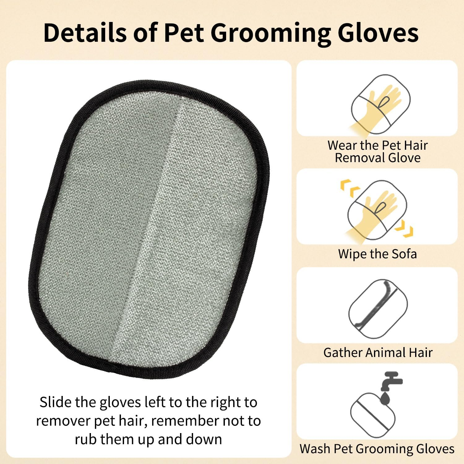 Details of JSquares pet grooming glove with usage